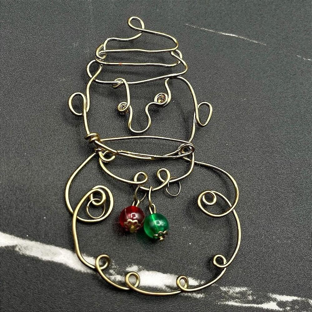 Vintage Gold-Tone Artisan Beaded Wire Snowman Classic Religious Figure Brooch